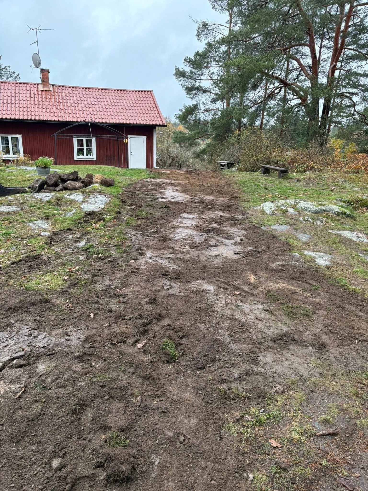 Schaktning runt husgrund för dränering